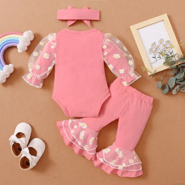 Newborn Baby Girls Bodysuit Clothes Pants Floral Romper Top Headband Outfits Set 7