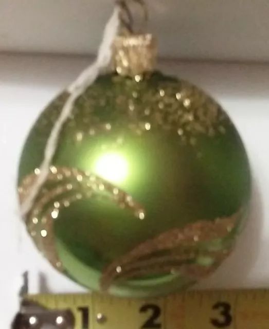 Czech Slovak Republic Green Glass Ornament w Gold Glitter Swirl Embellishment 3"