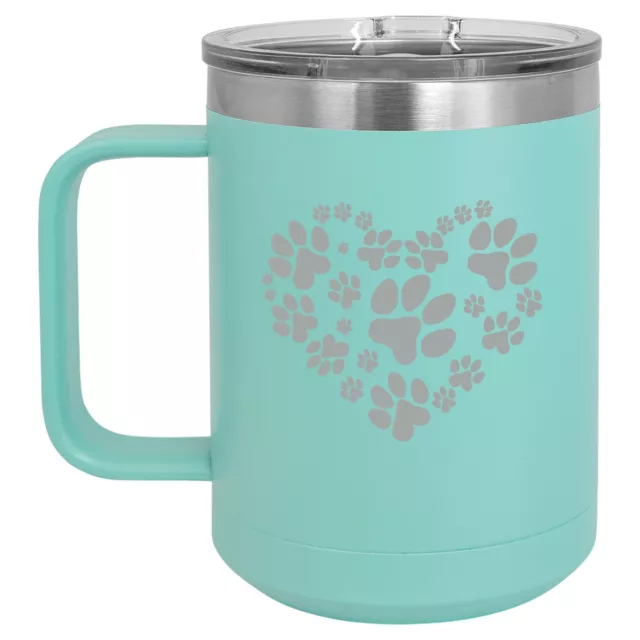 15oz Tumbler Coffee Mug Handle  Lid Travel Cup Vacuum Insulated Heart Paw Prints