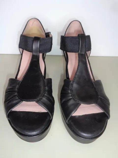 TARYN ROSE sarin black leather T-strap open toe wedge sandals heels shoes 8