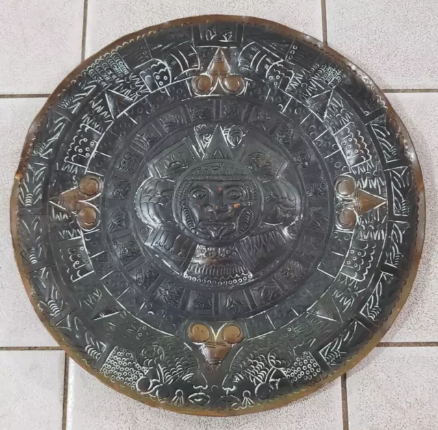 VTG Mayan Sun Calendar Hammered Copper 12" Wall Hanging Mexico 3D Black Plate