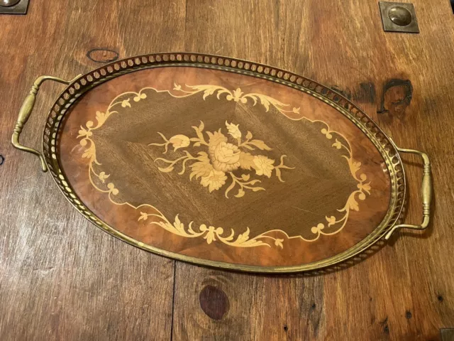 Vintage Italian Sorrento Wooden Marquetry Inlaid Gallery Serving Tray