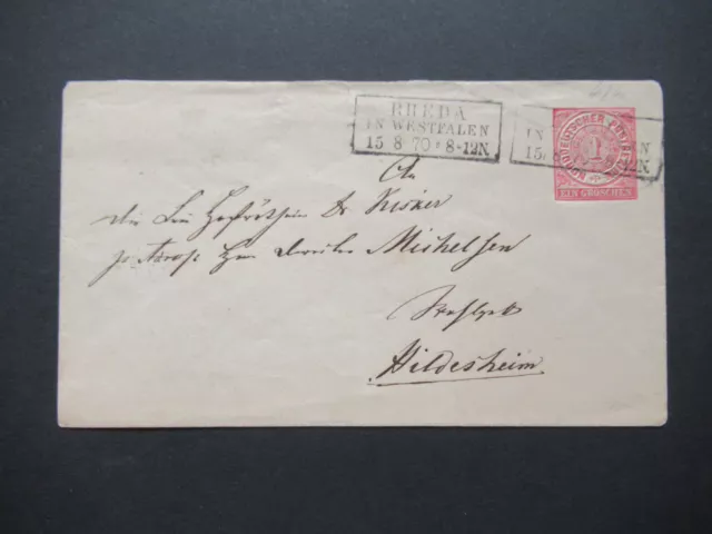 AD NDP 1870 GA Umschlag Ra3 Rheda In Westfalen nach Hildesheim mit Ank. Stempel