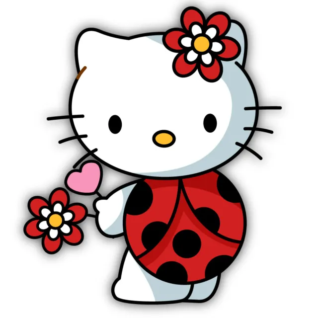 Hello Kitty Ladybug Holding Heart and Flower Cut To Shape Vinyl Decal Sticker