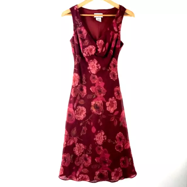 Vintage Breakin Loose Sheath Dress Women's Size 7/8 Maroon Floral Sheer Overlay