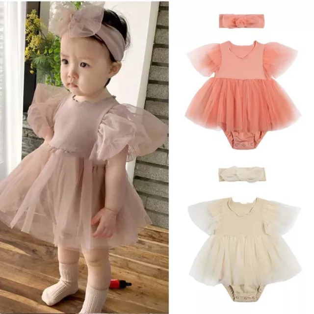 Newborn Baby Girls Mesh Ribbed Outfits Romper Dress Headband Set Xmas Clothes
