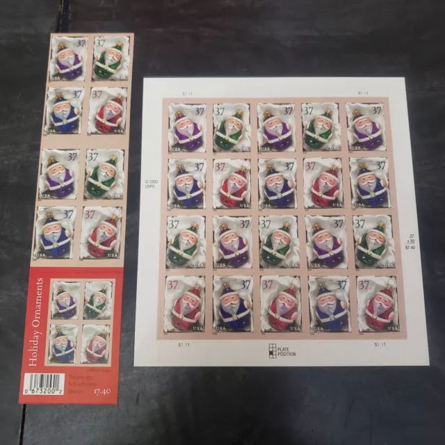 Lot of 2 Christmas Holiday Ornaments Postage Stamps Full Sheets .37 Cents Santa