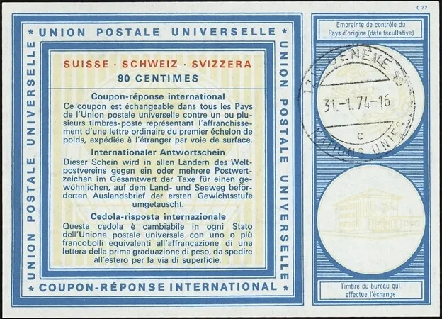 GENEVA, 1974. U.N. International Reply Coupons G-5 " c", Geneva