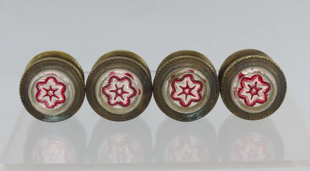 Victorian 4 Small Red Sulphide Glass and Brass Curtain Tie Backs Nobs