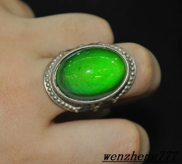old China Tibetan silver Inlay green gem Paintings Dynasty palace Jewelry Ring