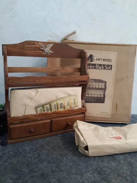 Vtg. 2 Tier Wooden Spice Rack with 2 Drawers,12 Bottles     In Original box .