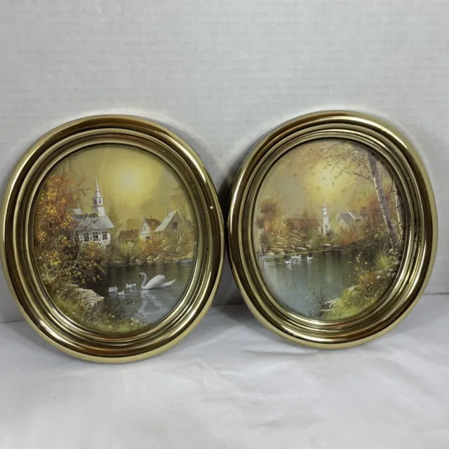 2 Vintage Homco Gold Oval Framed Art Prints Country Village Swan Lake Church
