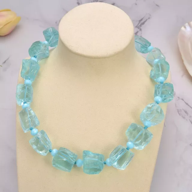 20" 25mm Natural Light Blue Crystal Glass Rough Nugget Necklace Lady Gifts