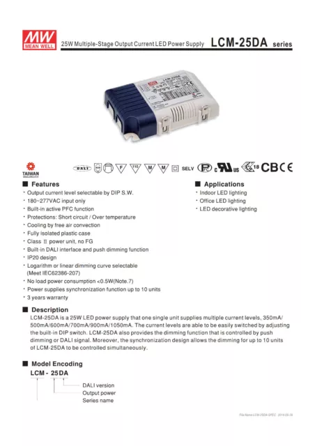 MEANWELL LED-Netzteil 25W by switch 350 - 1050mA dimming DALI LCM-25DA 856317 2