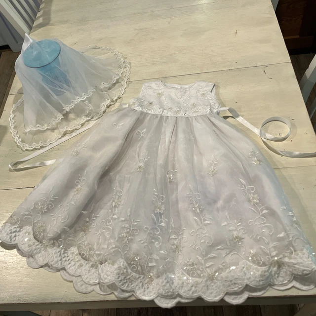 Baby Beaded White Satin Baptism Christening Gown Dress With Veil 2T-see Meas.