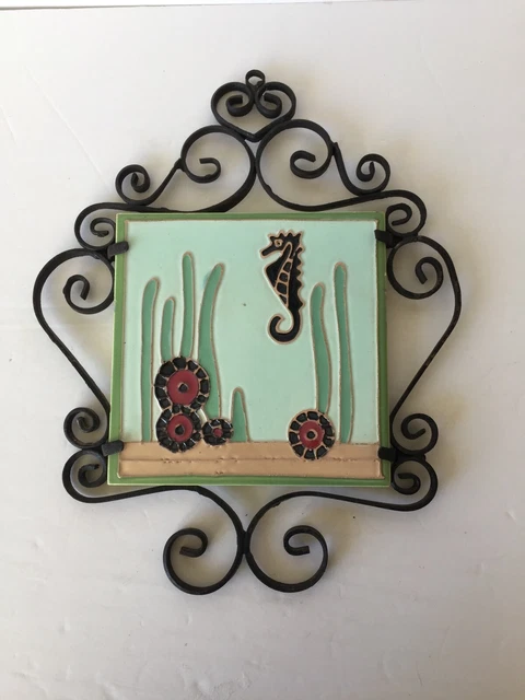 Vtg rare antique Wheeling seahorse tile in iron frame tube lined Spanish Revival