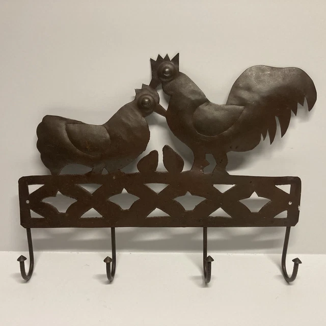 Brown Iron Chicken & Rooster 4 Wall Hooks Hanging Coat Hat Hanger Kitchen Office