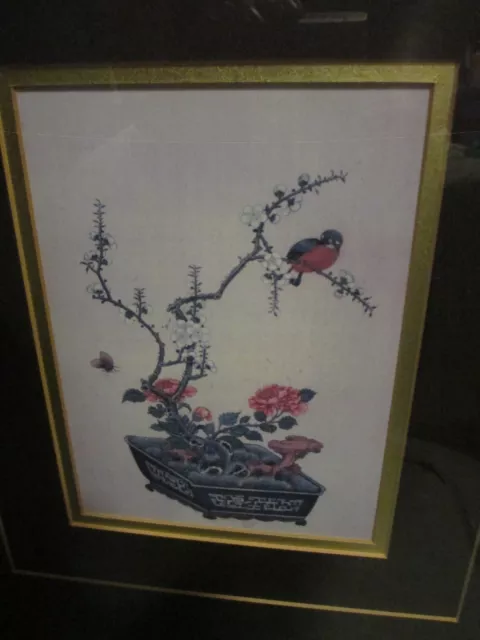 Framed Chinese Print Flowers Pots And Birds 16 1/2 X 18 Inches Gold Frame