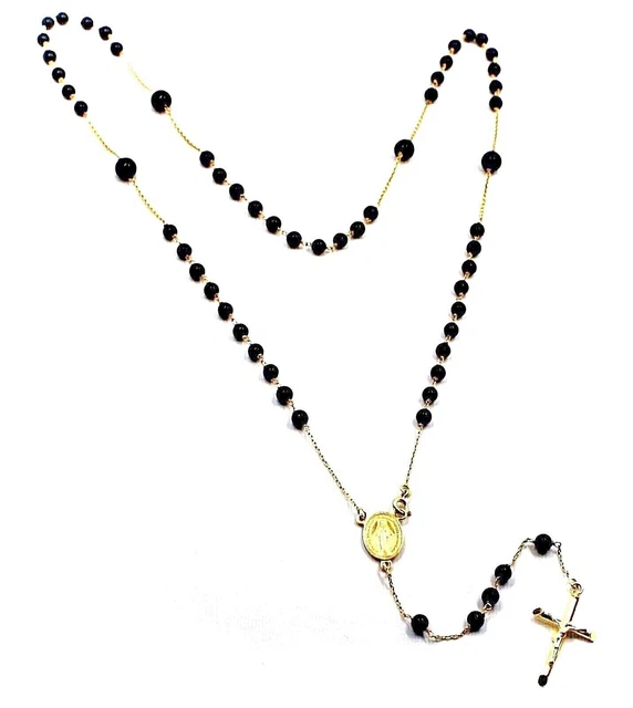 Collier Ras De Cou En Or Jaune Avec Boules Onyx Et Croix - Longueur ~43cm - Occasion Parfait état