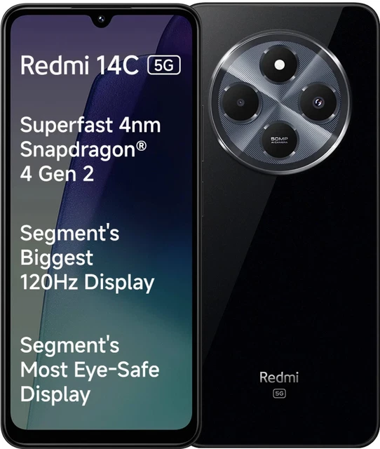 Redmi 14C 5G - Noir, 128Go/4Go RAM - Version Globale - Processeur 4 Gen 2 - NEUF