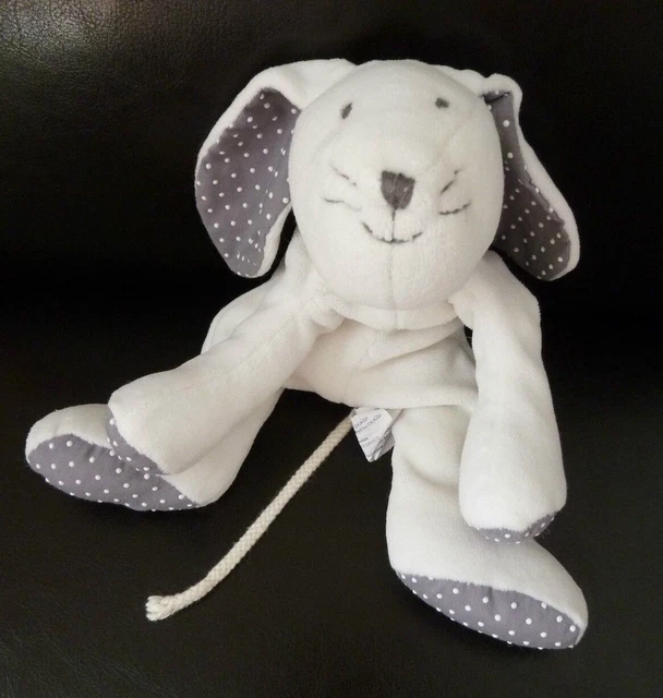 6- DOUDOU PELUCHE LAPIN OBAIBI OKAIDI blanc gris pois  26 cms  TBE