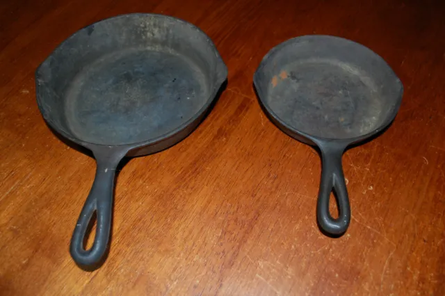 Two Cast Iron Skillets Vintage Double Spouts Cooking Kitchen Pioneer Ring Bottom