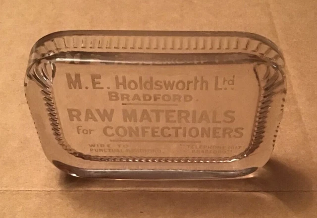 Vintage Glass Advertising Paperweight - M E Holdsworth Confectioners Bradford