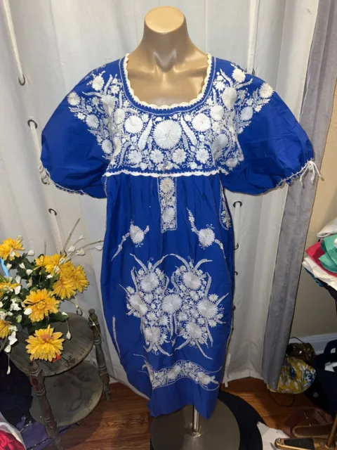 VINTAGE MEXICAN ETHNIC HAND EMBROIDERED ROYAL BLUE DRESS COTTON Size XXL