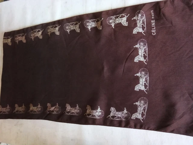 Écharpe Vintage Paco Rabanne Paris - Soie 100%, Dimensions 39x140cm, Couleurs Vert Et Camel, Occasion Très Bon état