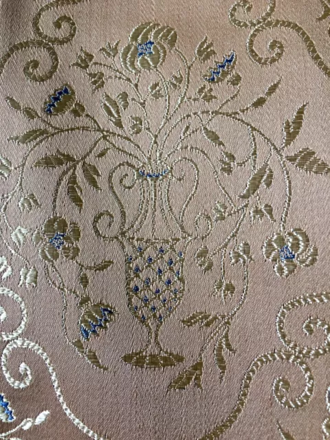 Vintage French Floral Vase Scroll Satin Brocade Jacquard Fabric ~ Apricot Blue