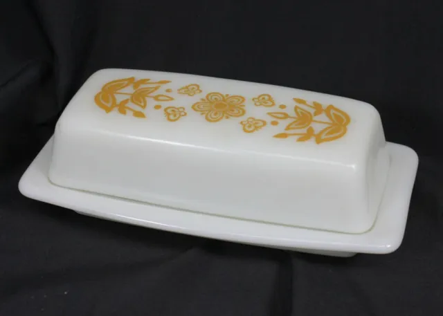 Vtg Pyrex Butter Dish Butterfly Gold 2pc Cover Lid Bottom Dish White Glass Retro