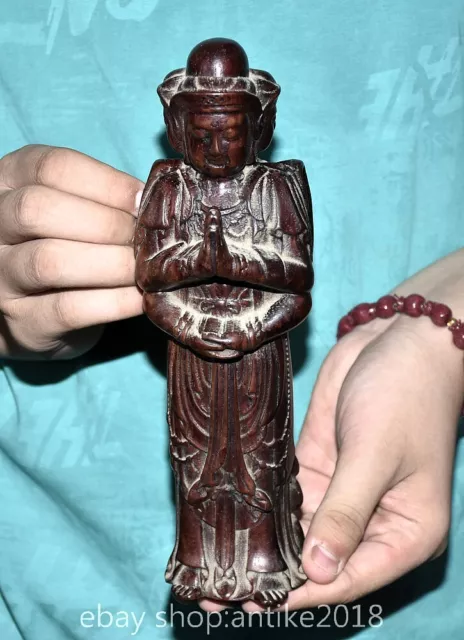 9" Old Chinese Huanghuali Wood Carved Buddhism 3 Head 4 arms Buddha Statue