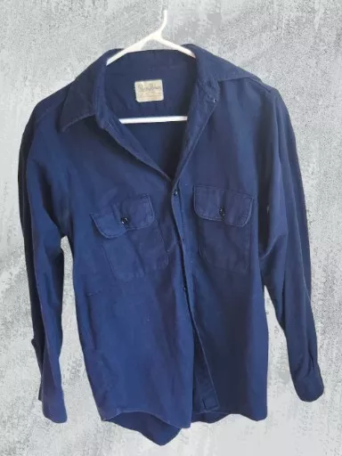 Vintage Roomy Richard 1960s Mens Blue Button Up Shirt 100% Cotton Union Made