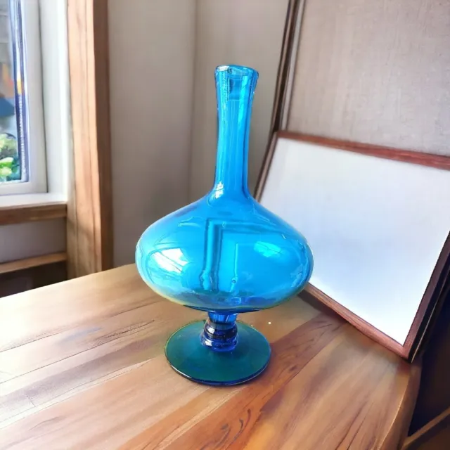 Hand Blown Glass Vase Decanter Blue 12" Blenko Wayne Husted No Stopper