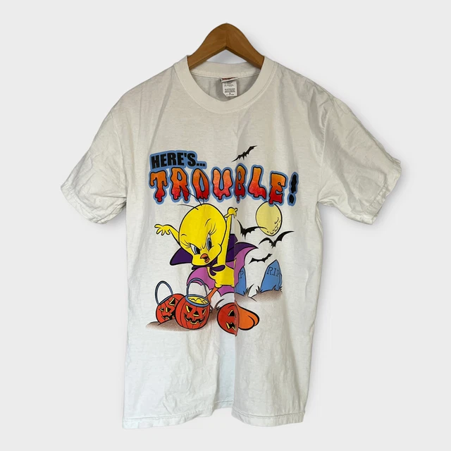 Vintage Tweety Bird Here's Trouble Halloween T-Shirt Men Size M Looney Tunes 90s
