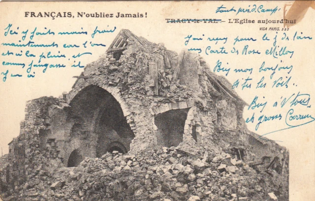 CPA GUERRE 14-18 WW1 TRACY-LE-VAL l'église aujourd'hui écrite 1918