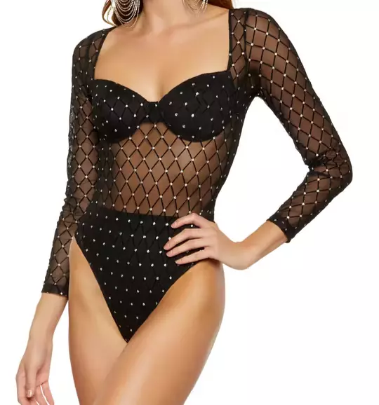 BLASHE Womens Black Sheer Mesh Diamond Pattern Rhinestone Bodysuit Large NEW