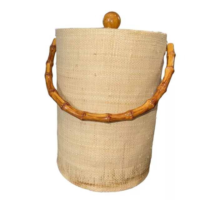 70’s Vintage Grass Cloth Ice Bucket W/ Faux Bamboo Handle Mid Century tiki bar