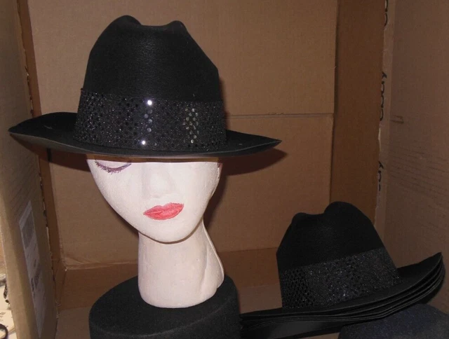Lot of 6 flocked plastic cowboy hats with black sequin band one size