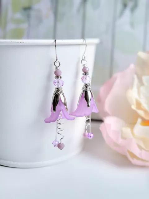 Purple Flower Dangle Earrings, Floral Jewelry, Artisan Handmade