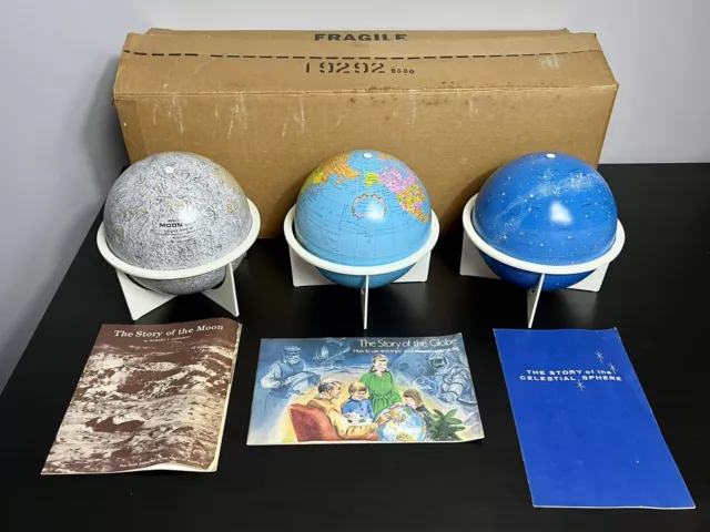 Vintage Replogle 6” Tin 3 Globe Set - Celestial, Lunar Moon, Revere Earth - RARE