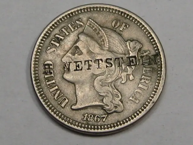 RARE Counterstamp -  3¢ Three Cent Nickel 1867 -  H. WETTSTEIN.