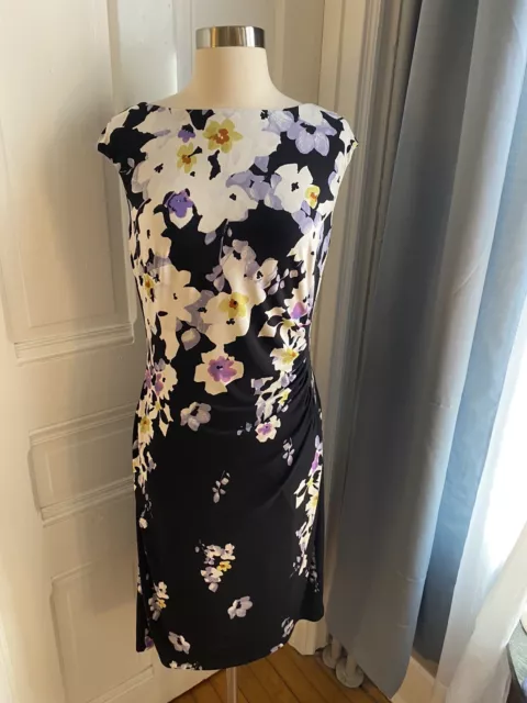 Lauren Ralph Lauren Black With Multicolor Florals Side Drape Sheath Dress-Size8!