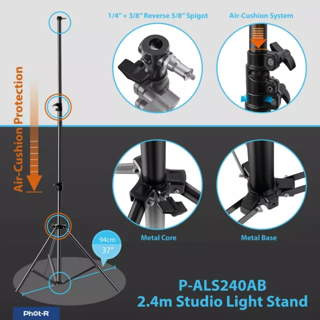 Phot-R 2x 2.4m Air Cushioned Heavy Duty Photo Studio Light Stand 240cm x2 Kit 2