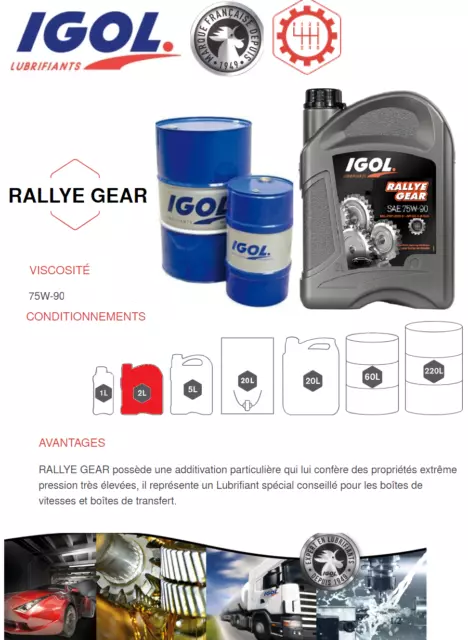 Bidon Huile Boite de vitesse Igol Rallye Gear 75W90 2 litres - API GL-4 et GL-5