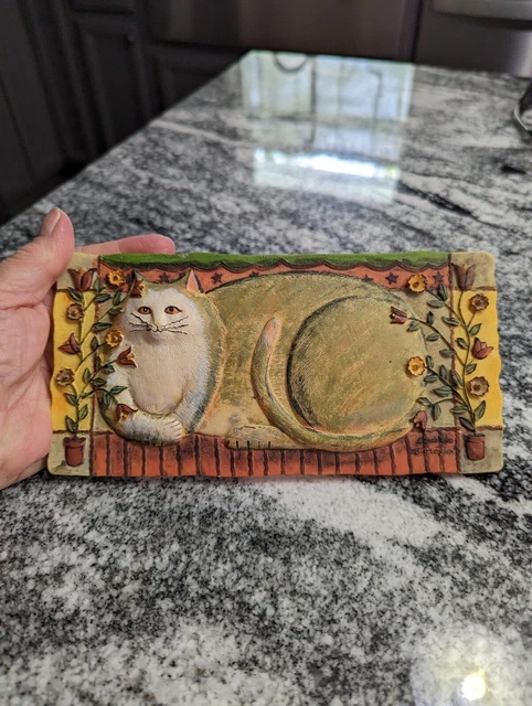 E. Smithson Cat Kitty Buttercup Resin 3D Wall Plaque Flower Garden  Folk Art