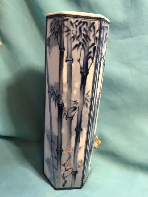 Vintage Chinese China Vase Hexagonal Blue Bamboo Design 23.5cm Tall