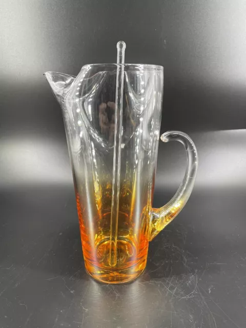 Vintage MCM Cocktail Orange Clear Glass Martini Pitcher Carafe Stir Stick