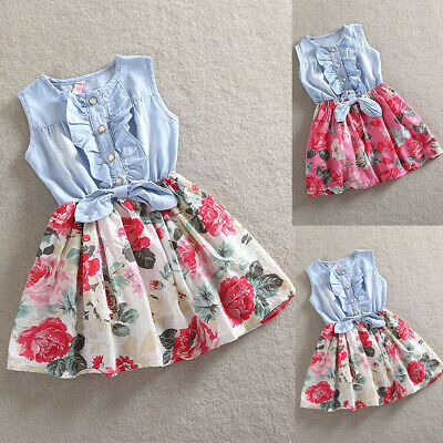 Toddler Baby Dress Girls Sleeveless Denim Floral Princess Dresses Summer Clothes