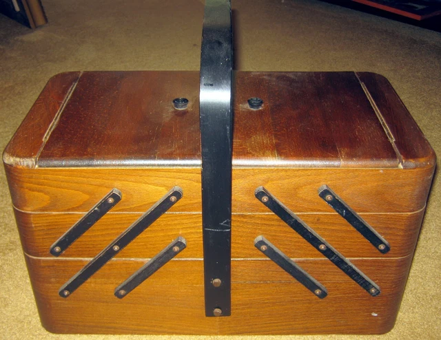 Vintage Mid Century Wood Sewing Box Basket Accordion Fold Out 3 Tier Dovetailed Vintage Mid Century Wood Sewing Box Basket Accordion Fold Out 3 Tier Dovetailed